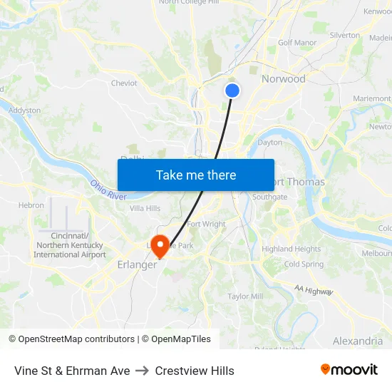 Vine St & Ehrman Ave to Crestview Hills map