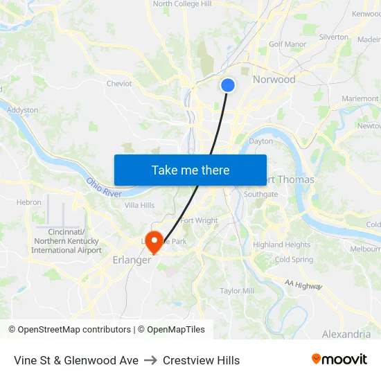 Vine St & Glenwood Ave to Crestview Hills map
