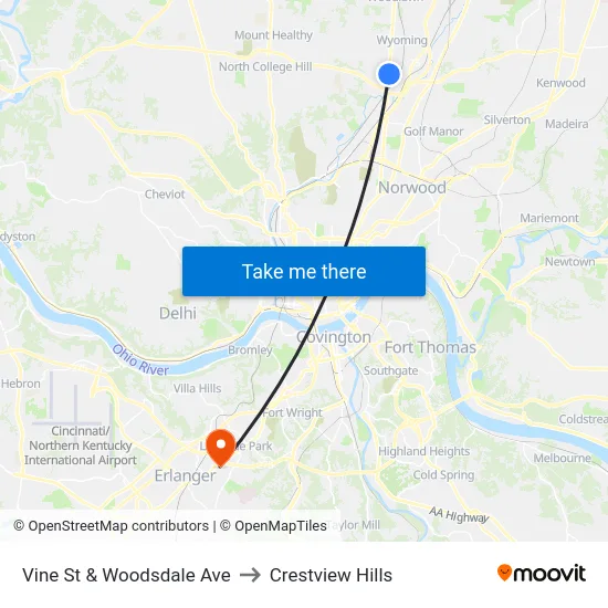 Vine St & Woodsdale Ave to Crestview Hills map