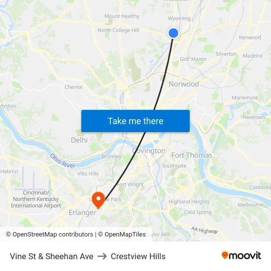 Vine St & Sheehan Ave to Crestview Hills map
