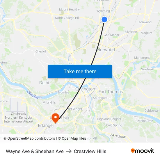 Wayne Ave & Sheehan Ave to Crestview Hills map