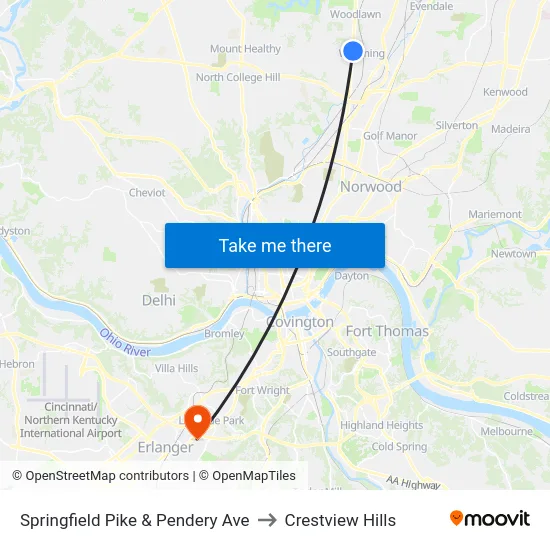 Springfield Pike & Pendery Ave to Crestview Hills map