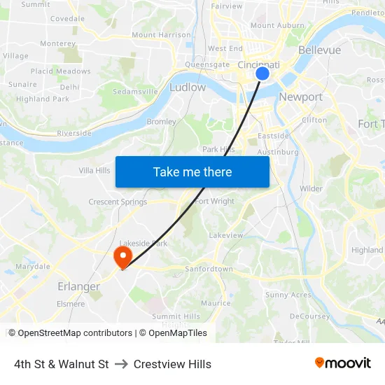 4th St & Walnut St to Crestview Hills map