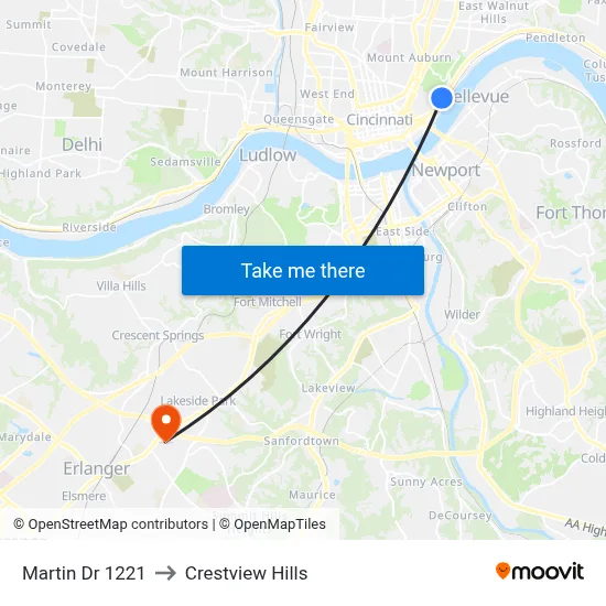 Martin Dr 1221 to Crestview Hills map