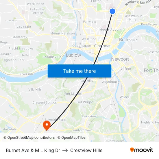 Burnet Ave & M L King Dr to Crestview Hills map