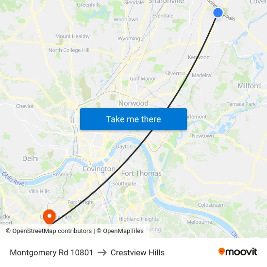Montgomery Rd 10801 to Crestview Hills map