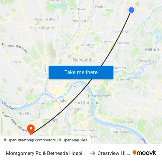 Montgomery Rd & Bethesda Hospital to Crestview Hills map