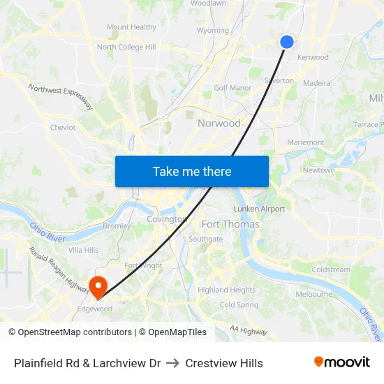 Plainfield Rd & Larchview Dr to Crestview Hills map