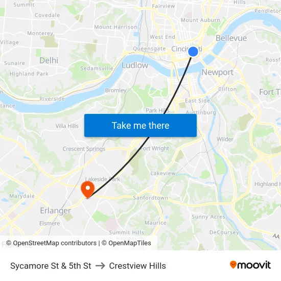 Sycamore St & 5th St to Crestview Hills map