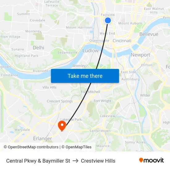 Central Pkwy & Baymiller St to Crestview Hills map