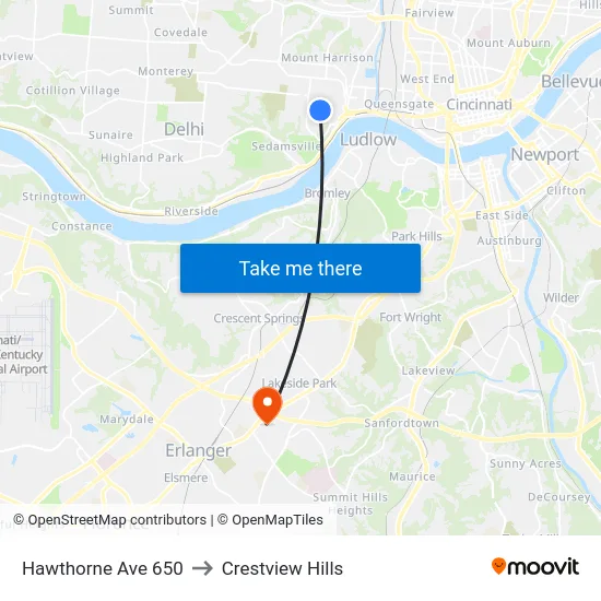 Hawthorne Ave 650 to Crestview Hills map