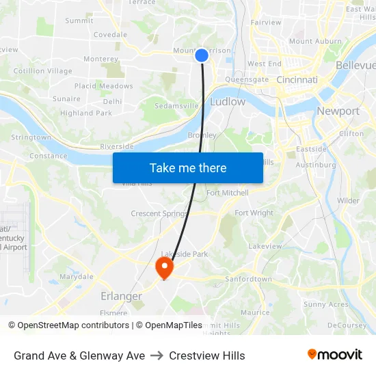 Grand Ave & Glenway Ave to Crestview Hills map