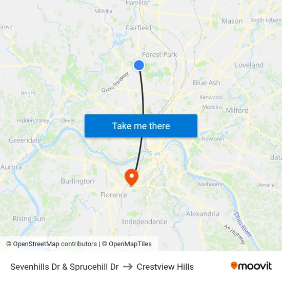 Sevenhills Dr & Sprucehill Dr to Crestview Hills map
