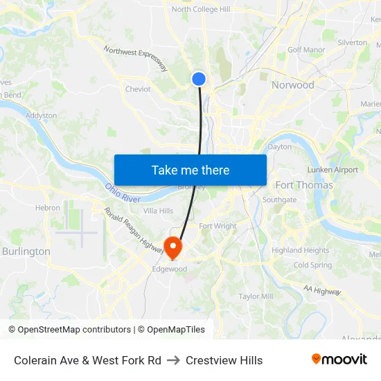 Colerain Ave & West Fork Rd to Crestview Hills map