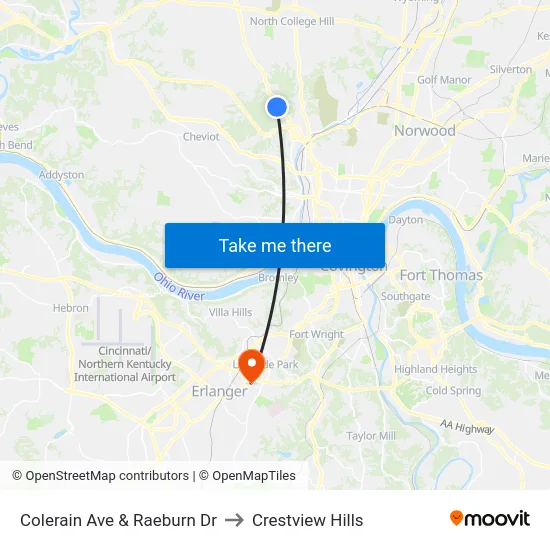 Colerain Ave & Raeburn Dr to Crestview Hills map