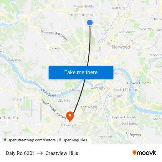 Daly Rd 6301 to Crestview Hills map