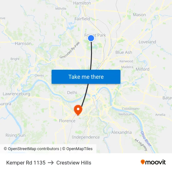 Kemper Rd 1135 to Crestview Hills map
