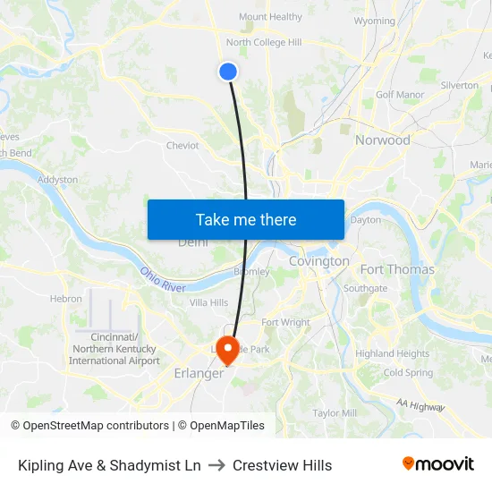 Kipling Ave & Shadymist Ln to Crestview Hills map