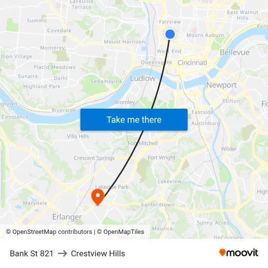 Bank St 821 to Crestview Hills map