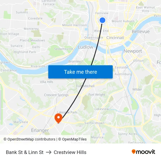 Bank St & Linn St to Crestview Hills map