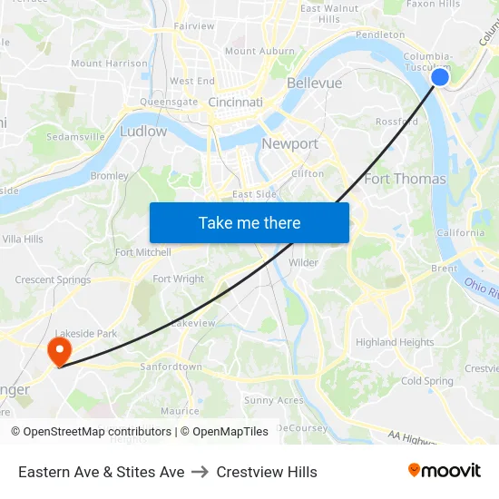 Eastern Ave & Stites Ave to Crestview Hills map