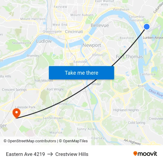 Eastern Ave 4219 to Crestview Hills map