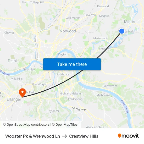 Wooster Pk & Wrenwood Ln to Crestview Hills map