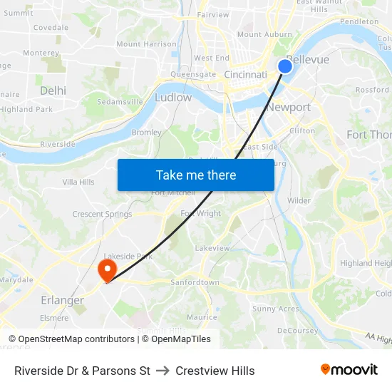 Riverside Dr & Parsons St to Crestview Hills map