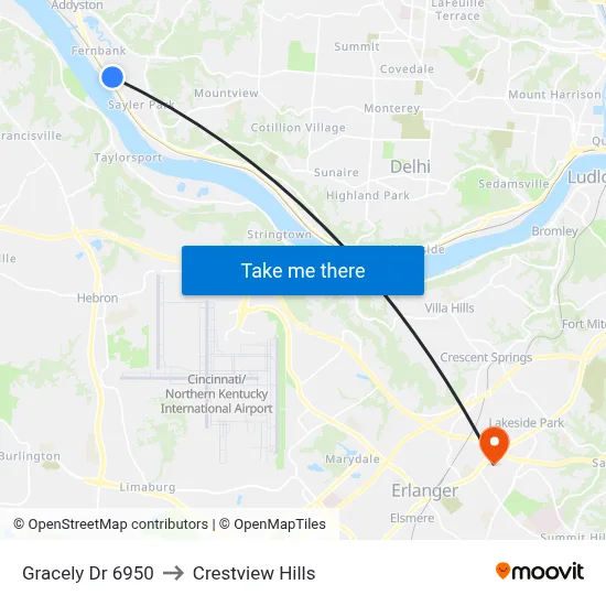Gracely Dr 6950 to Crestview Hills map