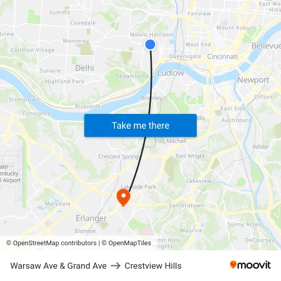 Warsaw Ave & Grand Ave to Crestview Hills map