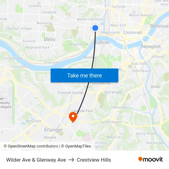 Wilder Ave & Glenway Ave to Crestview Hills map