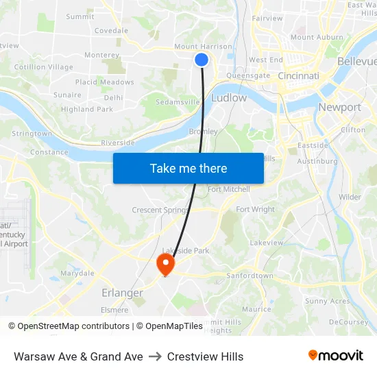 Warsaw Ave & Grand Ave to Crestview Hills map