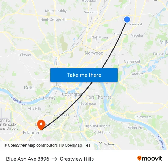 Blue Ash Ave 8896 to Crestview Hills map