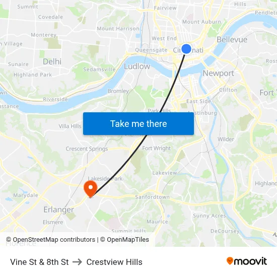 Vine St & 8th St to Crestview Hills map