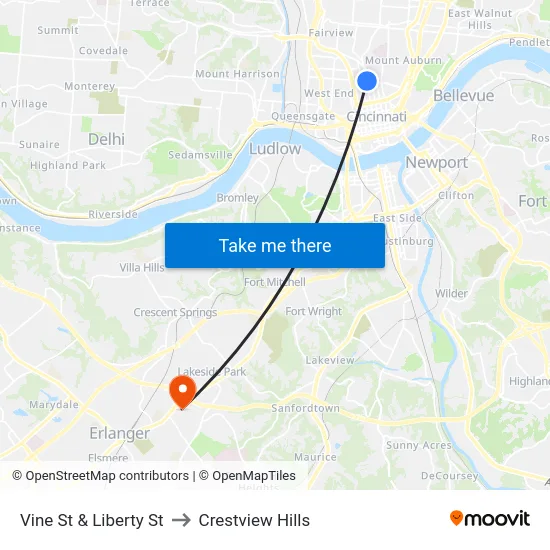 Vine St & Liberty St to Crestview Hills map