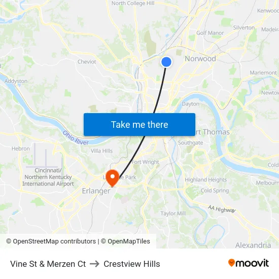 Vine St & Merzen Ct to Crestview Hills map