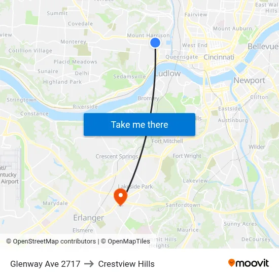 Glenway Ave 2717 to Crestview Hills map