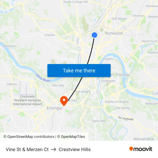Vine St & Merzen Ct to Crestview Hills map