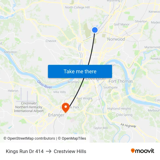 Kings Run Dr 414 to Crestview Hills map