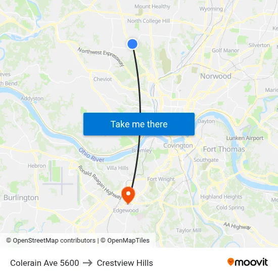 Colerain Ave 5600 to Crestview Hills map