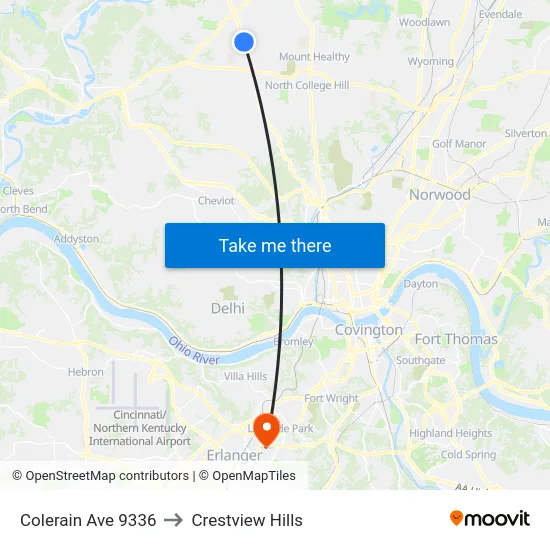 Colerain Ave 9336 to Crestview Hills map