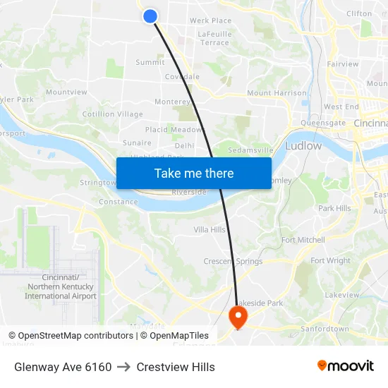 Glenway Ave 6160 to Crestview Hills map