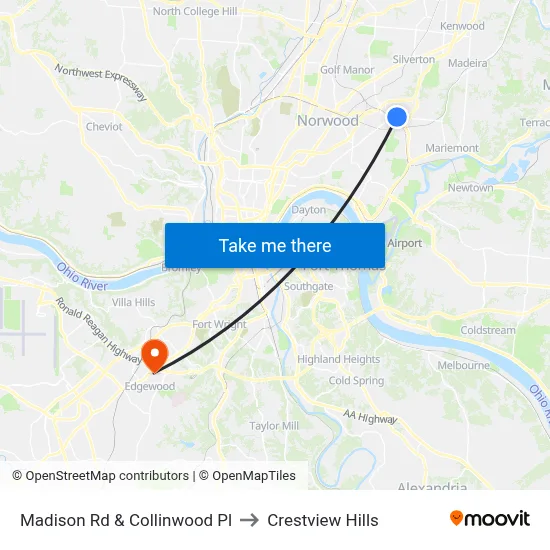 Madison Rd & Collinwood Pl to Crestview Hills map
