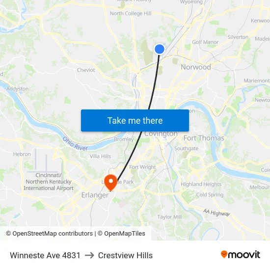 Winneste Ave 4831 to Crestview Hills map