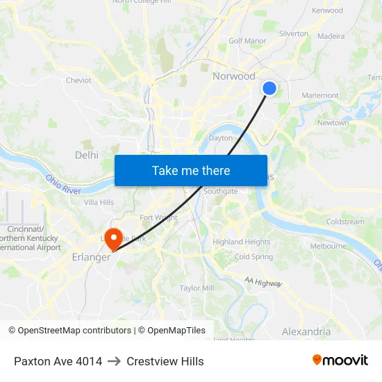 Paxton Ave 4014 to Crestview Hills map
