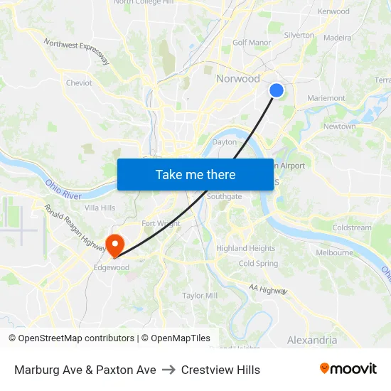 Marburg Ave & Paxton Ave to Crestview Hills map
