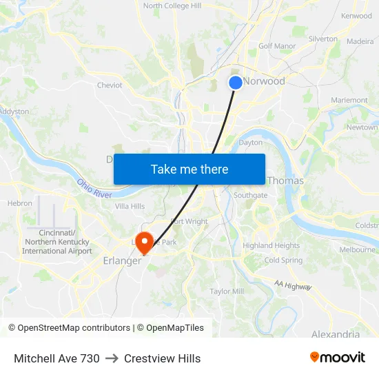 Mitchell Ave 730 to Crestview Hills map