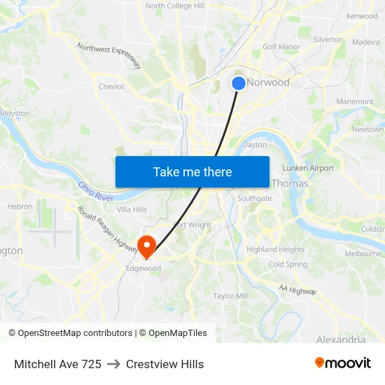 Mitchell Ave 725 to Crestview Hills map
