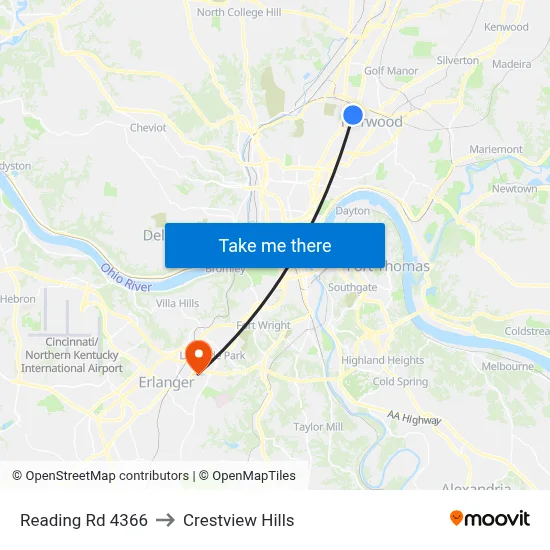 Reading Rd 4366 to Crestview Hills map