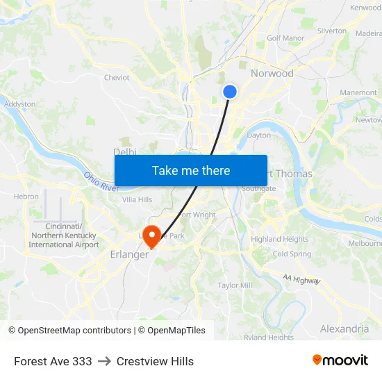 Forest Ave 333 to Crestview Hills map